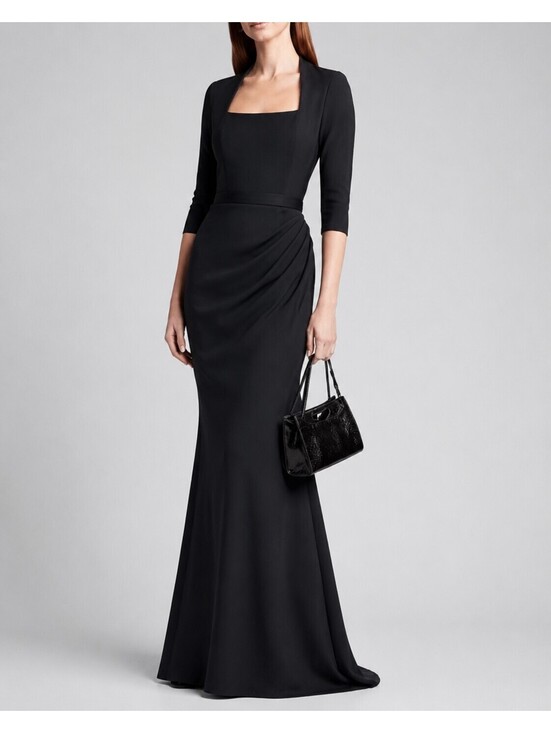 Carolina Herrera Dresses & Skirts - Designer Queen Anne Neckline Mermaid Gown 3/4 Sleeves Black Modest sz 6 Ruched